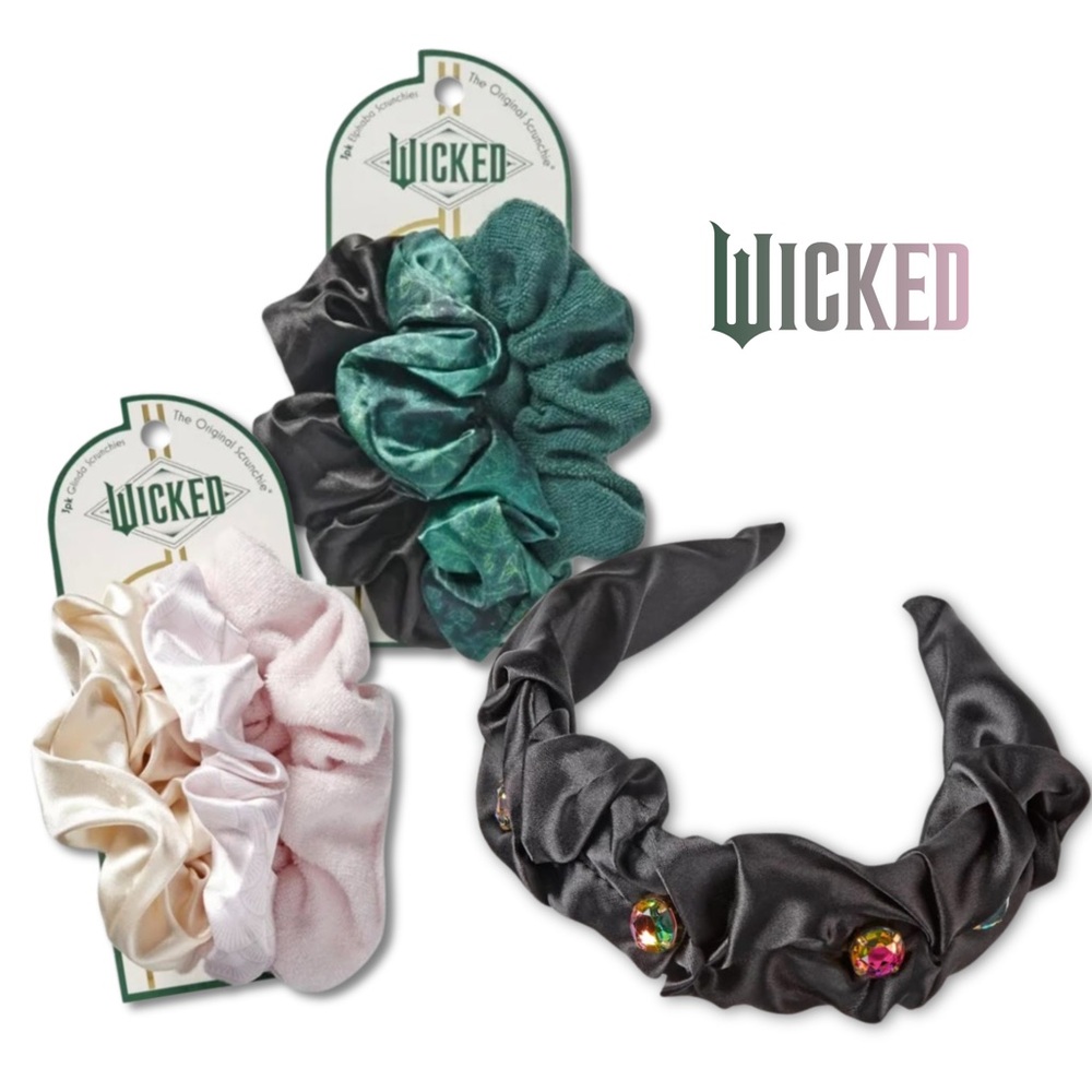 Wicked Hair Accessories: Elphaba Headband w/ Stones, Elphaba & Glinda Scrunchies
